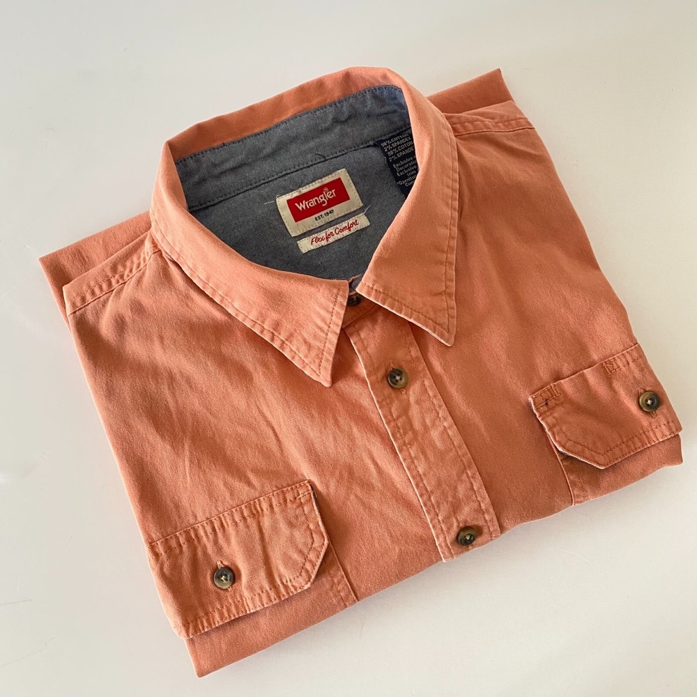 Wrangler Men's Sun Washed Shirt Cowboy Cut‎ Work Denim Orange Short Sleeve XL/TG